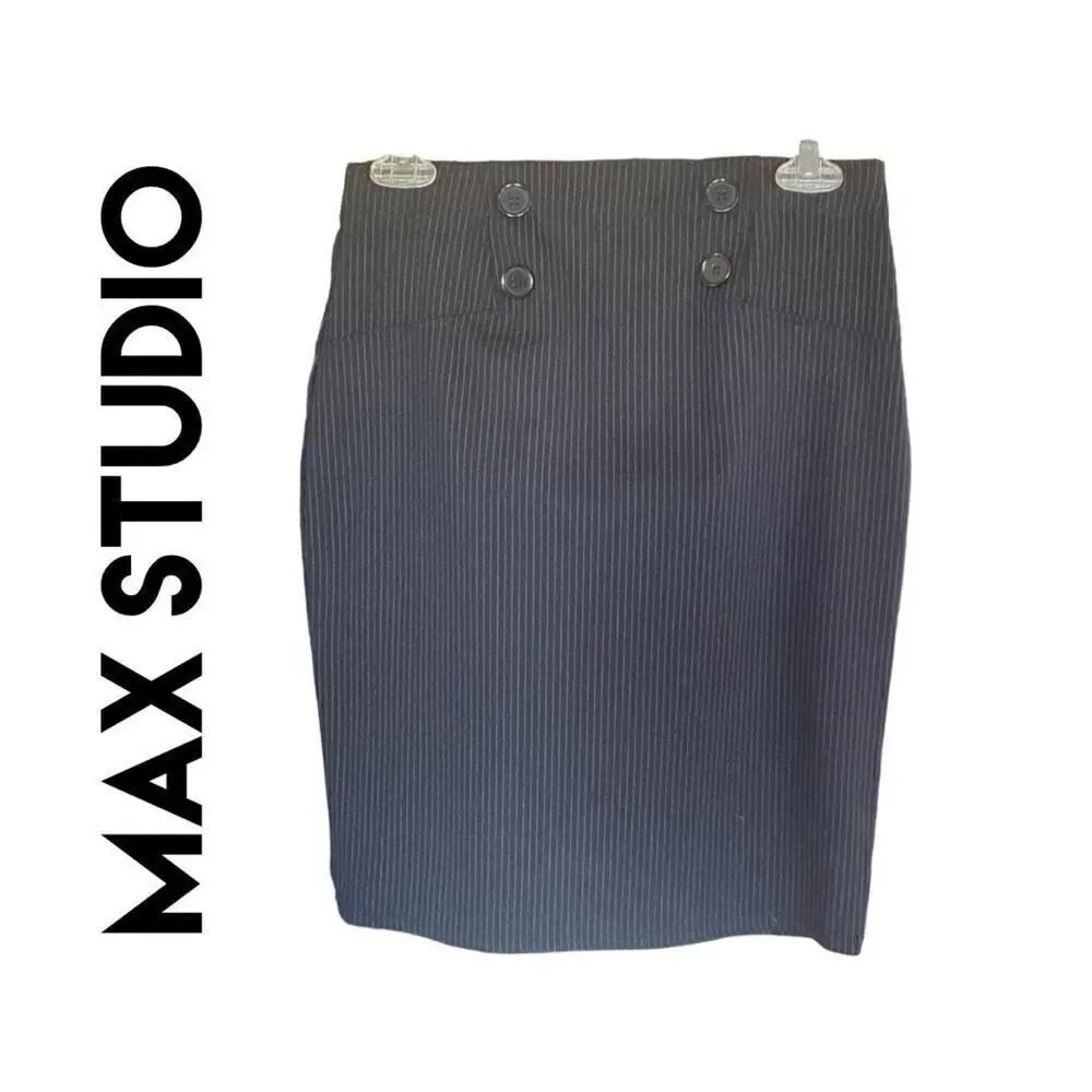 Max Studio Womens Midi Pencil Skirt Pinstripes Pull on Black XS